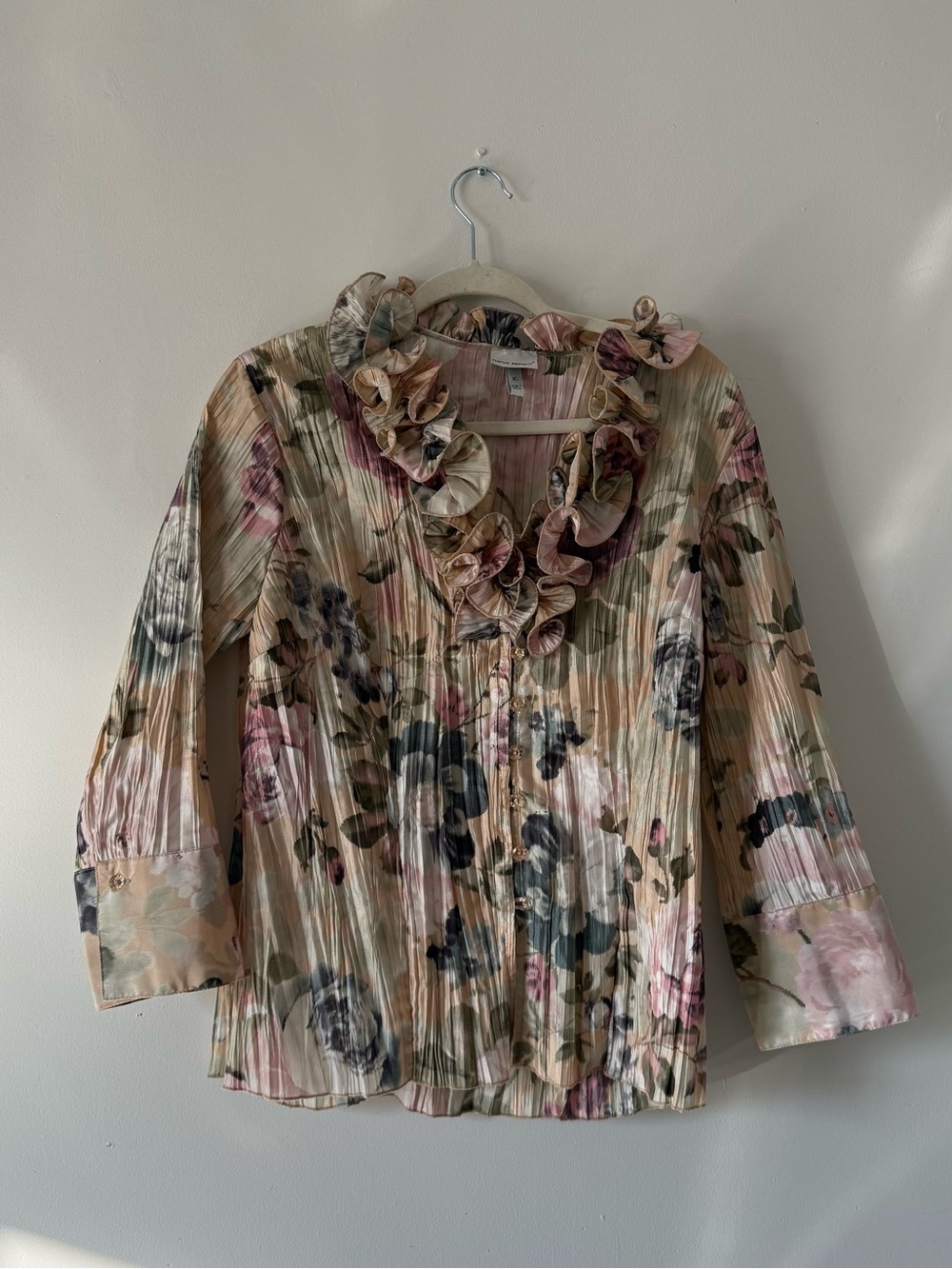 Harvé Benard Romantic Floral Crinkle Blouse | Ruffle Neck Cottagecore Top XL